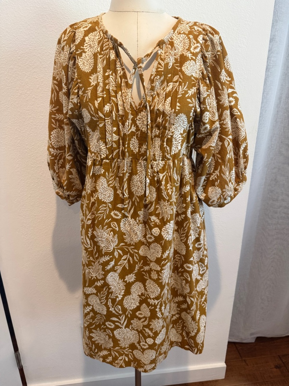 Universal Thread Mustard Floral Tie-Neck Midi Dress